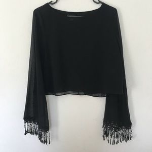 Black cropped chiffon long sleeve with open back